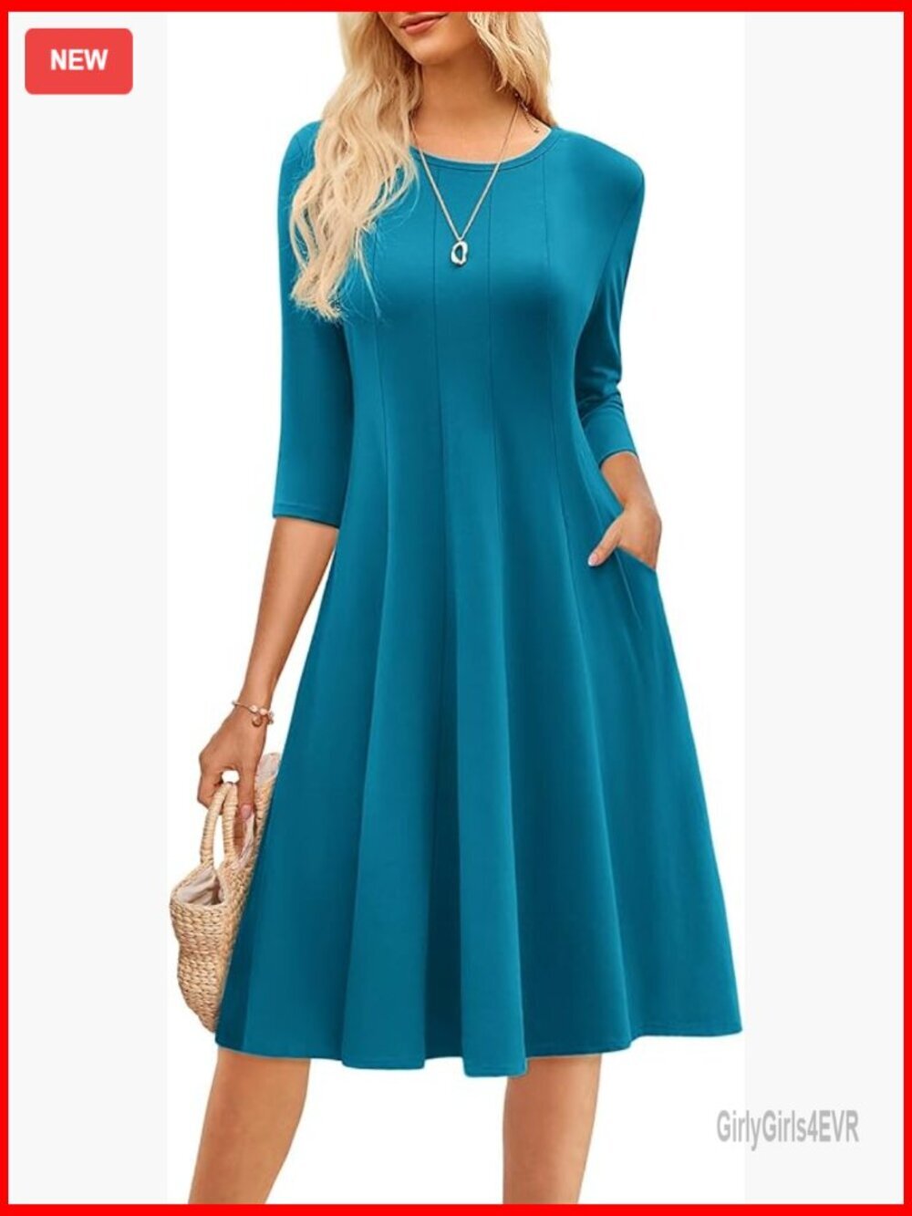 Women's 3/4 Sleeve Casual Midi A-Line Dress with Pockets